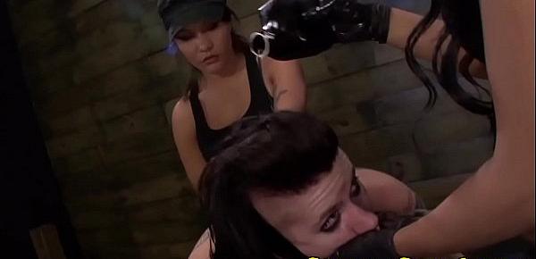  Inked les sub doggystyled and gagged in trio